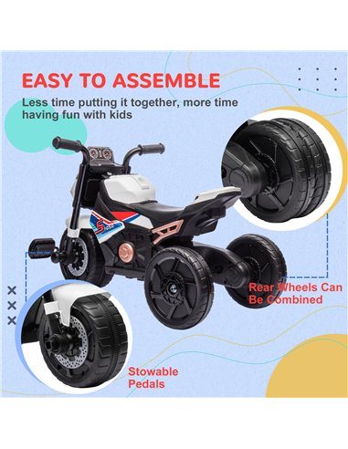 AIYAPLAY Motorcycle Design 3 in 1 Toddler Trike, Sliding Car, Balance Bike with Headlight, Music, Horn, White