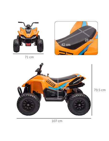 HOMCOM Mclaren Licensed 12V Quad Bike with Slow Start, Music, Headlights, MP3 Slot, Suspension Wheels, for 3-8 Years - Orange - pic 29060 | FastDaddyshop