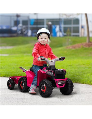 HOMCOM 6V Quad Bike with Back Trailer, Wear-Resistant Wheels for Ages 18-36 Months, Pink
