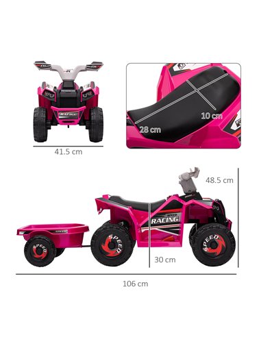 HOMCOM 6V Quad Bike with Back Trailer, Wear-Resistant Wheels for Ages 18-36 Months, Pink