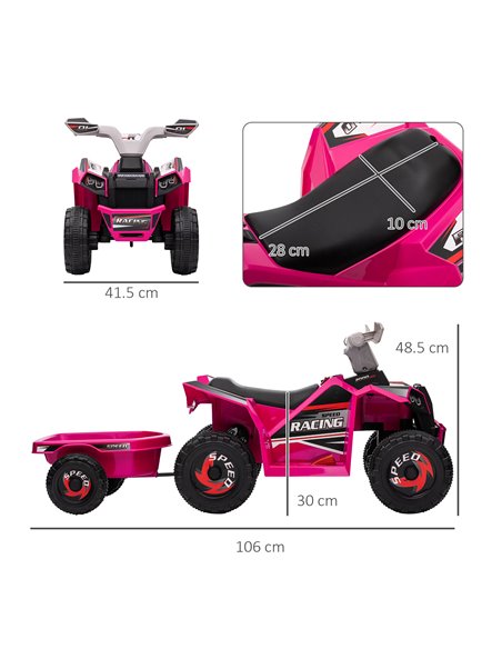 HOMCOM 6V Quad Bike with Back Trailer, Wear-Resistant Wheels for Ages 18-36 Months, Pink - pic 29078 | FastDaddyshop