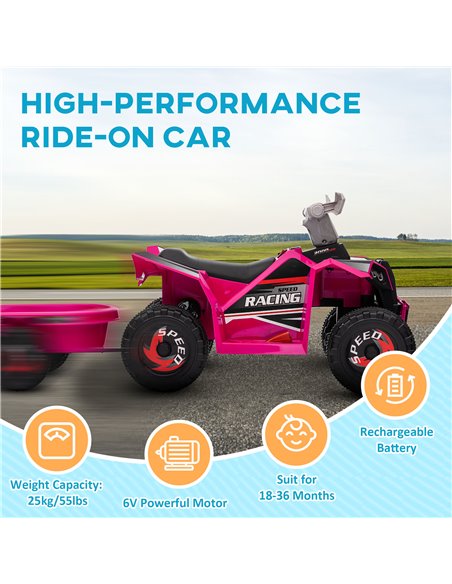 HOMCOM 6V Quad Bike with Back Trailer, Wear-Resistant Wheels for Ages 18-36 Months, Pink - pic 29081 | FastDaddyshop