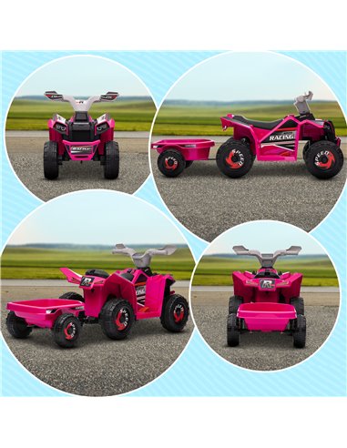 HOMCOM 6V Quad Bike with Back Trailer, Wear-Resistant Wheels for Ages 18-36 Months, Pink