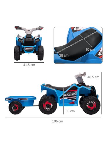 HOMCOM 6V Quad Bike with Back Trailer, Wear-Resistant Wheels, for Ages 18-36 Months, Blue