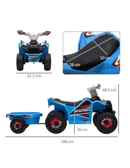 HOMCOM 6V Quad Bike with Back Trailer, Wear-Resistant Wheels, for Ages 18-36 Months, Blue - pic 29105 | FastDaddyshop
