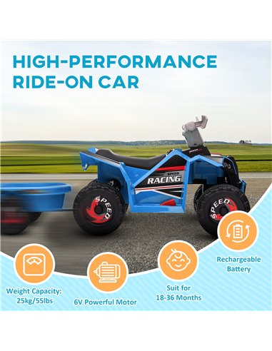 HOMCOM 6V Quad Bike with Back Trailer, Wear-Resistant Wheels, for Ages 18-36 Months, Blue