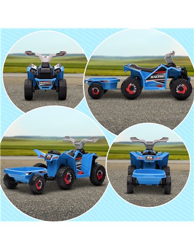 HOMCOM 6V Quad Bike with Back Trailer, Wear-Resistant Wheels, for Ages 18-36 Months, Blue