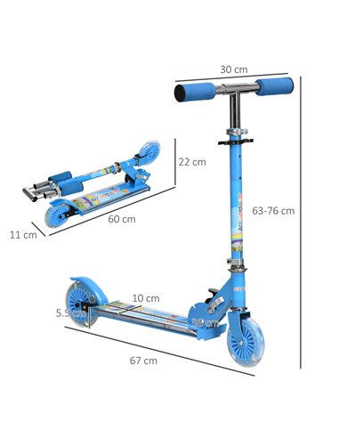 HOMCOM Kids Scooter, with Lights, Music, Adjustable Height, Foldable Frame, for Ages 3-7 Years - Blue