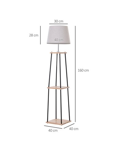 HOMCOM Metal Tripod Floor Lamp w/ 3-Tier Shelves Foot Switch Modern Stylish E27 Lampshade Base  Functional Duo Design