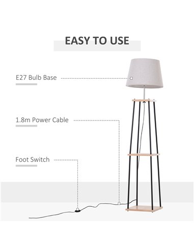 HOMCOM Metal Tripod Floor Lamp w/ 3-Tier Shelves Foot Switch Modern Stylish E27 Lampshade Base  Functional Duo Design