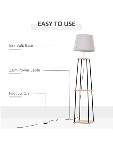 HOMCOM Metal Tripod Floor Lamp w/ 3-Tier Shelves Foot Switch Modern Stylish E27 Lampshade Base  Functional Duo Design - pic 29180 | FastDaddyshop