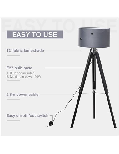 HOMCOM Modern Tripod Standing Lamps with Fabric Lampshade, Grey-Black