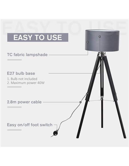 HOMCOM Modern Tripod Standing Lamps with Fabric Lampshade, Grey-Black - pic 29190 | FastDaddyshop
