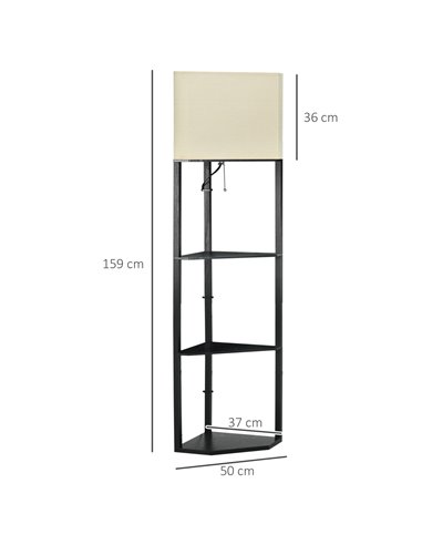 HOMCOM Corner Floor Lamp with Shelves, Pull Chain Switch, Black