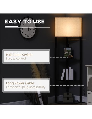 HOMCOM Corner Floor Lamp with Shelves, Pull Chain Switch, Black