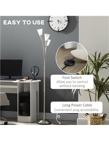 HOMCOM 3-Light Upright Floor Lamps with Steel Base, Silver B31-314