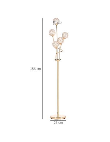 HOMCOM Crystal Floor Lamps for Living Room Bedroom with 5 Light, Modern Upright Standing Lamp, 34x25x156cm, Gold Tone