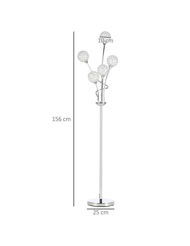 HOMCOM Crystal Floor Lamps for Living Room Bedroom with 5 Light, Modern Upright Standing Lamp, 34x25x156cm, Silver