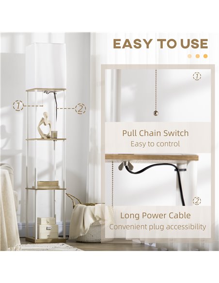 HOMCOM Modern Floor Lamp with Shelves, 3 Layer Shelf, Fabric Lampshade, Pull Chain Switch (Bulb not included) - pic 29279 | FastDaddyshop