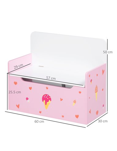 ZONEKIZ 2-IN-1 Wooden Toy Box, Kids Storage Bench Toy Chest with Safety Pneumatic Rod, Cute Pattern, Pink