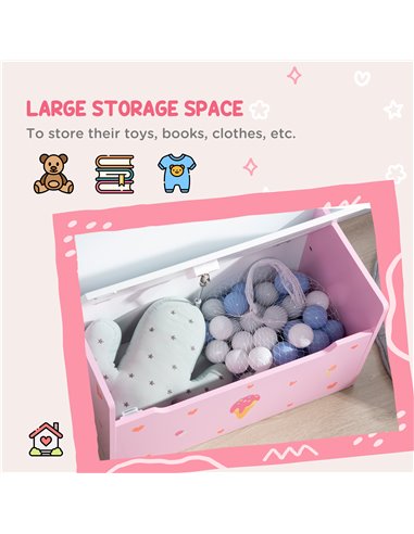 ZONEKIZ 2-IN-1 Wooden Toy Box, Kids Storage Bench Toy Chest with Safety Pneumatic Rod, Cute Pattern, Pink