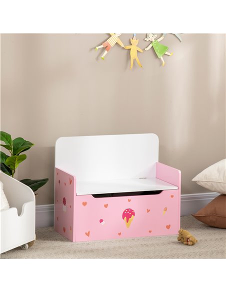 ZONEKIZ 2-IN-1 Wooden Toy Box, Kids Storage Bench Toy Chest with Safety Pneumatic Rod, Cute Pattern, Pink - pic 29361 | FastDaddyshop