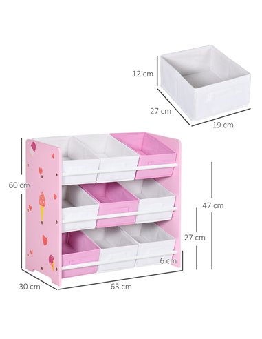 ZONEKIZ Kids Storage Unit with 9 Removable Storage Baskets, Toy Box Organiser with Shelf, Book Shelf for Nursery Playroom, Pink