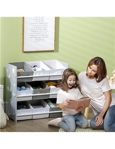 ZONEKIZ Kids Storage Unit with 9 Removable Storage Baskets, Toy Box Organiser with Shelf, Book Shelf for Nursery Playroom, Grey