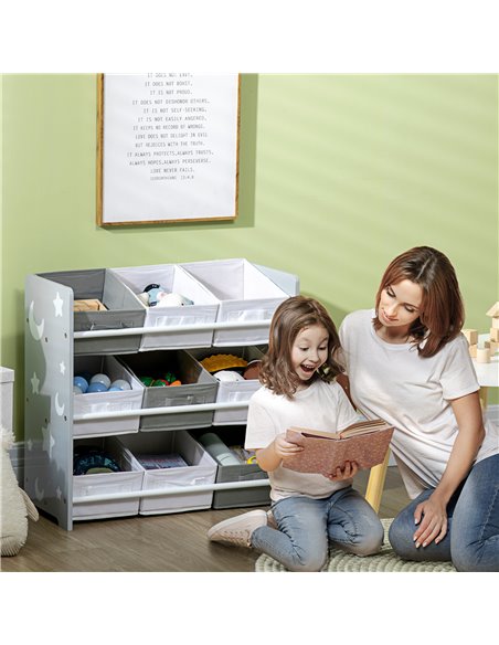 ZONEKIZ Kids Storage Unit with 9 Removable Storage Baskets, Toy Box Organiser with Shelf, Book Shelf for Nursery Playroom, Grey - pic 29383 | FastDaddyshop