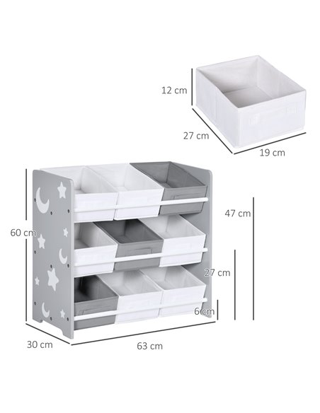 ZONEKIZ Kids Storage Unit with 9 Removable Storage Baskets, Toy Box Organiser with Shelf, Book Shelf for Nursery Playroom, Grey - pic 29384 | FastDaddyshop