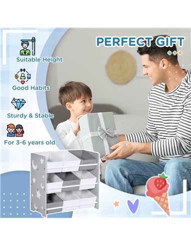 ZONEKIZ Kids Storage Unit with 9 Removable Storage Baskets, Toy Box Organiser with Shelf, Book Shelf for Nursery Playroom, Grey