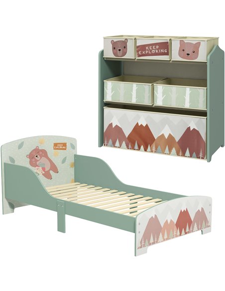 ZONEKIZ Toddler Bed Frame, Kids Storage Shelf Unit with 6 Fabric Bins for Ages 3-6 Years, Green - pic 29418 | FastDaddyshop