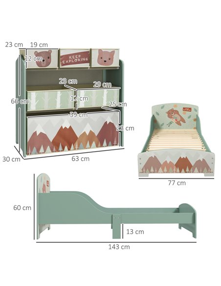 ZONEKIZ Toddler Bed Frame, Kids Storage Shelf Unit with 6 Fabric Bins for Ages 3-6 Years, Green - pic 29420 | FastDaddyshop