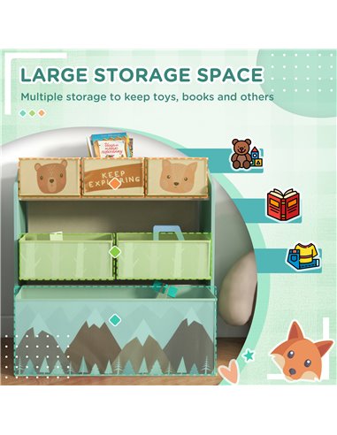 ZONEKIZ Toddler Bed Frame, Kids Storage Shelf Unit with 6 Fabric Bins, Green 313-P010