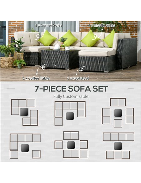 Outsunny 7-Seater PE Rattan Garden Furniture Set with Corner Sofa Set, Cushion, Cushion Cover and Tempered Glass Table, Brown - pic 29495 | FastDaddyshop