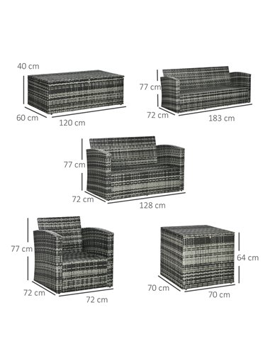 Outsunny 6 Piece Outdoor Rattan Wicker Sofa Set Sectional Patio Conversation Furniture Set w/ Storage Table & Cushion Mixed Grey