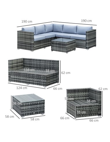 Outsunny 5-Seater Rattan Garden Furniture Set with Corner Sofa, Loveseat, Coffee Table, Cushions, Grey