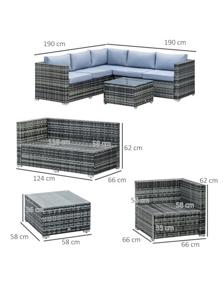 Outsunny 5-Seater Rattan Garden Furniture Set with Corner Sofa, Loveseat, Coffee Table, Cushions, Grey - pic 29546 | FastDaddyshop