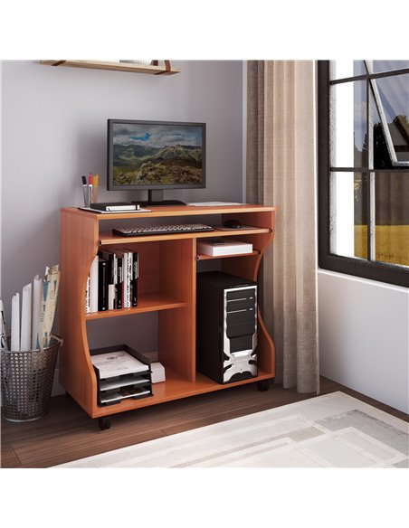 HOMCOM Movable Computer Desk with Sliding Keyboard Tray, Storage Shelves, Wheels, Cherry Wood Colour - pic 29563 | FastDaddyshop