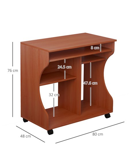 HOMCOM Movable Computer Desk with Sliding Keyboard Tray, Storage Shelves, Wheels, Cherry Wood Colour - pic 29564 | FastDaddyshop