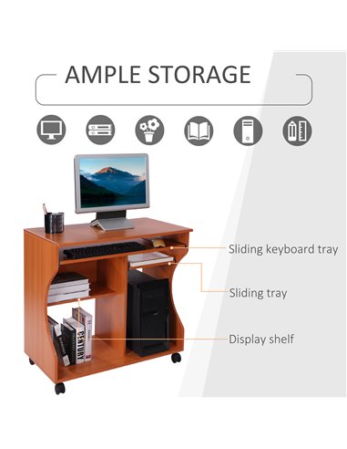 HOMCOM Movable Computer Desk with Sliding Keyboard Tray, PC Laptop Table with Storage Shelves, Workstation on Wheels, 80x48x76cm