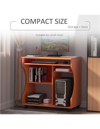 HOMCOM Movable Computer Desk with Sliding Keyboard Tray, Storage Shelves, Wheels, Cherry Wood Colour