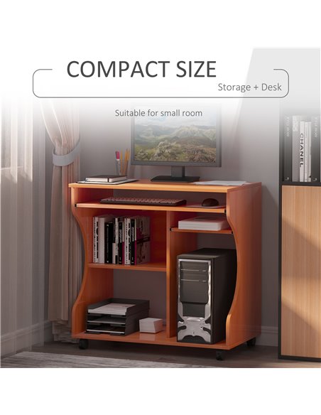 HOMCOM Movable Computer Desk with Sliding Keyboard Tray, Storage Shelves, Wheels, Cherry Wood Colour - pic 29567 | FastDaddyshop