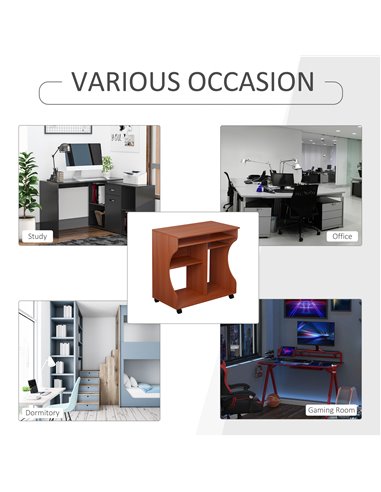 HOMCOM Movable Computer Desk with Sliding Keyboard Tray, Storage Shelves, Wheels, Cherry Wood Colour
