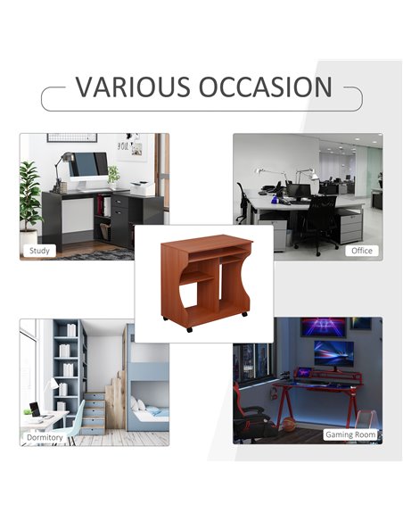 HOMCOM Movable Computer Desk with Sliding Keyboard Tray, Storage Shelves, Wheels, Cherry Wood Colour - pic 29568 | FastDaddyshop
