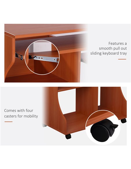HOMCOM Movable Computer Desk with Sliding Keyboard Tray, Storage Shelves, Wheels, Cherry Wood Colour - pic 29569 | FastDaddyshop