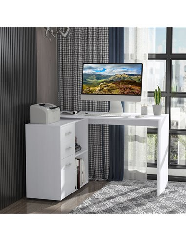 HOMCOM L-Shape Computer Desk Table with Drawers, Shelf, File Cabinet, White