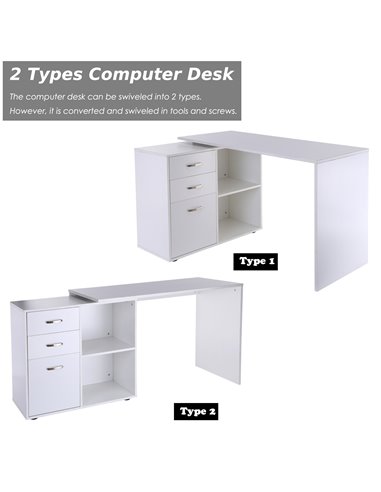 HOMCOM L-Shape Computer Desk Table with Drawers, White 920-037WT