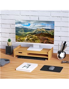 HOMCOM Monitor Riser Laptop PC Plinth Stand TV Computer Desktop Organiser W/Drawer Bamboo 2