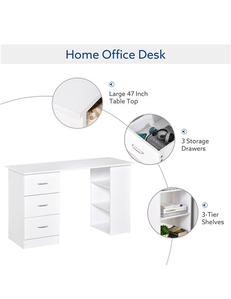 HOMCOM 120cm Computer Desk, Writing Table with 3 Shelf & Drawers, White 836-068WT - pic 29628 | FastDaddyshop